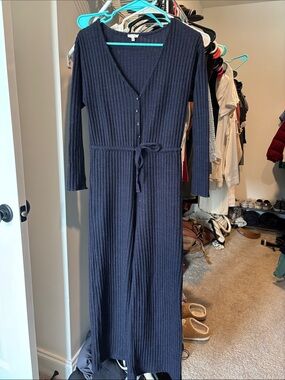 En Creme Navy Ribbed Knit Jumpsuit with Tie Waist